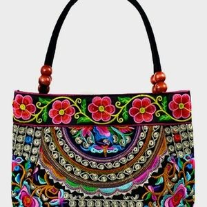 Pink and Black Embroidered Shoulder Bag with Floral Motifs